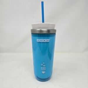 Zoku Iced Coffee Maker Travel Mug Blue White Stainless Steel Core with Straw